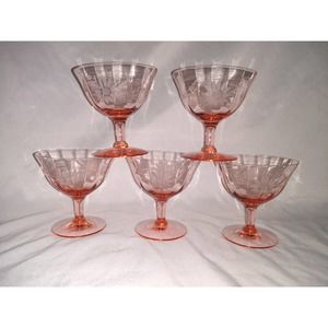 Pink depression glass sherbet flower etched stemware glasses (set of 5)